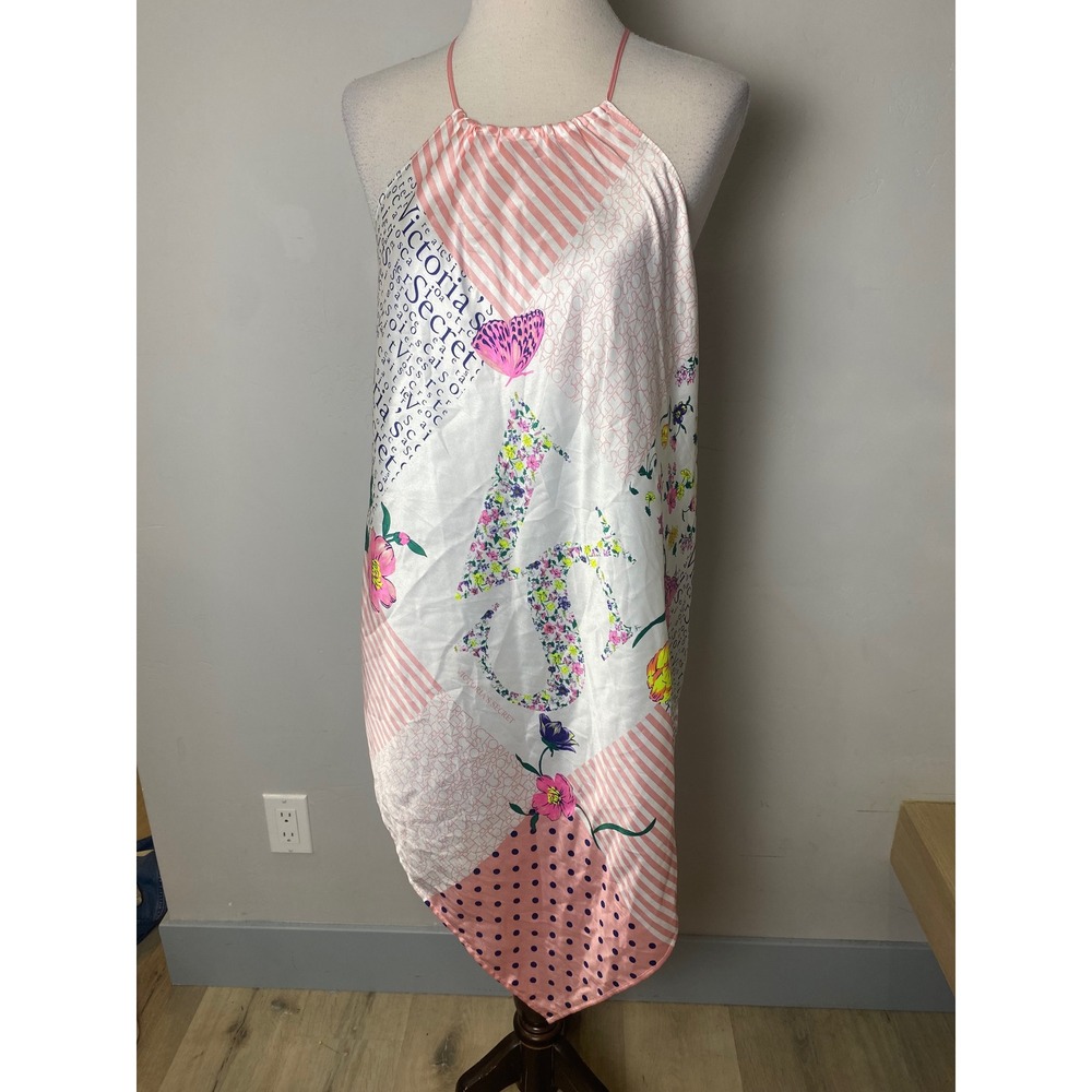 Victoria's Secret Y2K Patchwork Satin Halter Top Pink Floral Handkerchief Hem M